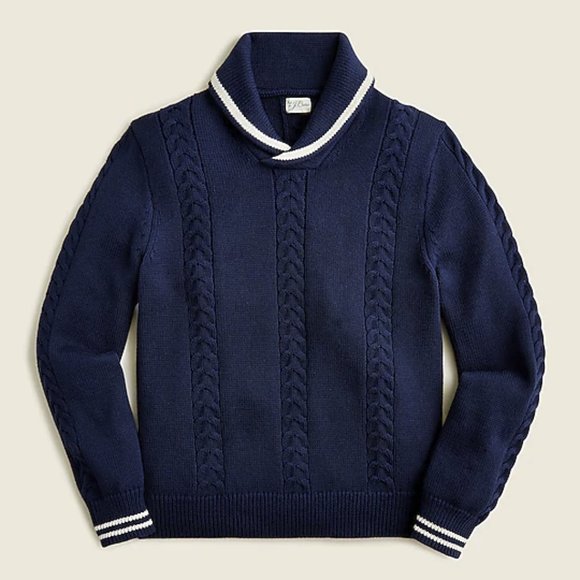 J. Crew Other - NWT $128 J Crew Blue Cable Knit Tipped Tennis Stripe Shawl Collar Sweater